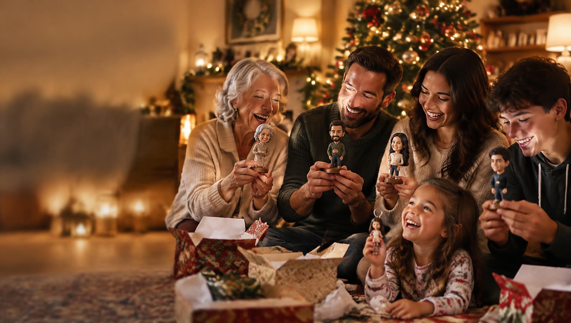 Familie unterm Weihnachtsbaum, jede*r mit personalisierter Wackelfigur oder Schlüsselanhänger nach Foto