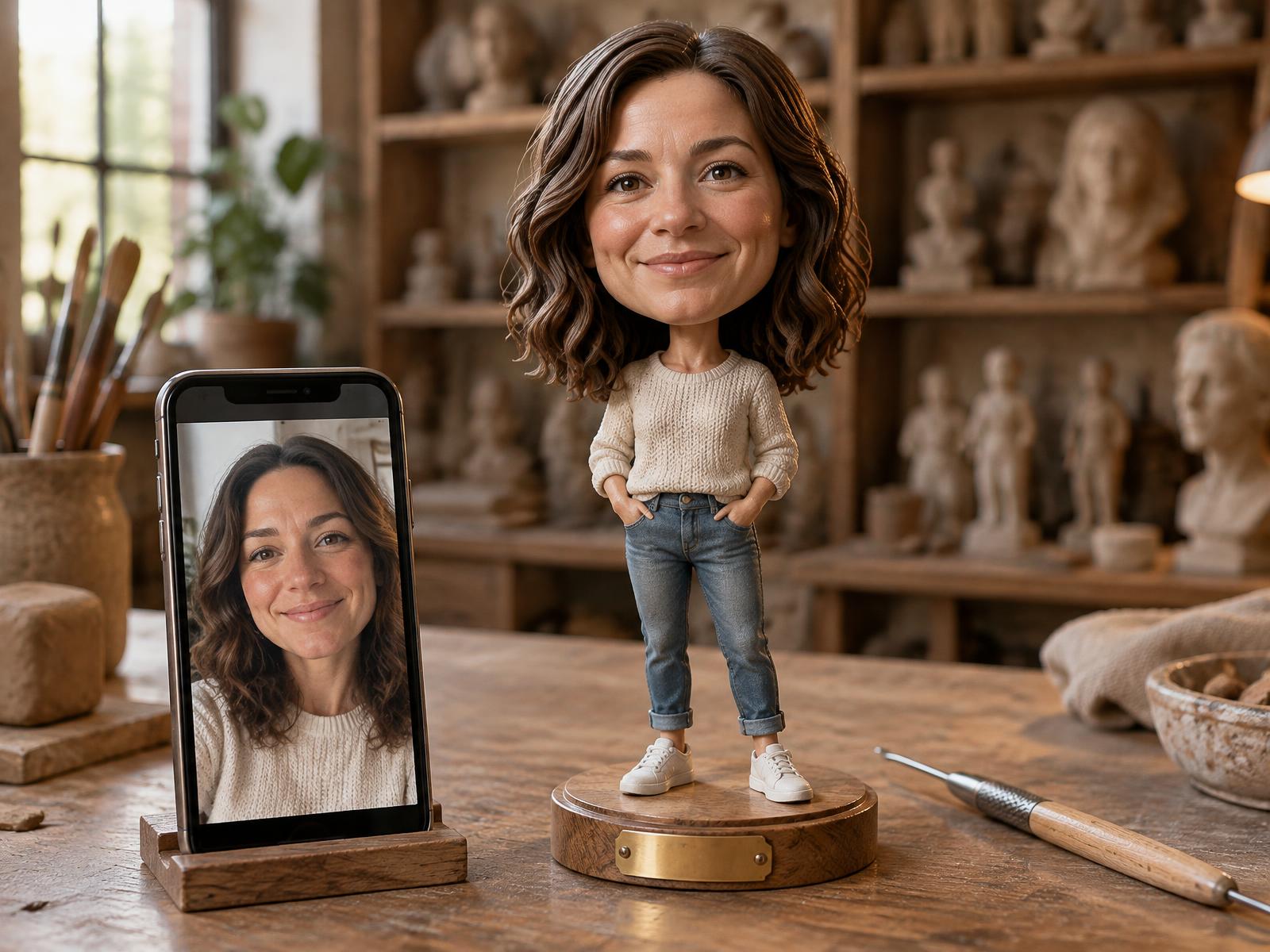 Handgefertigte Wackelfigur neben einem Smartphone mit einfachem Selbstporträt – nur ein Foto nötig