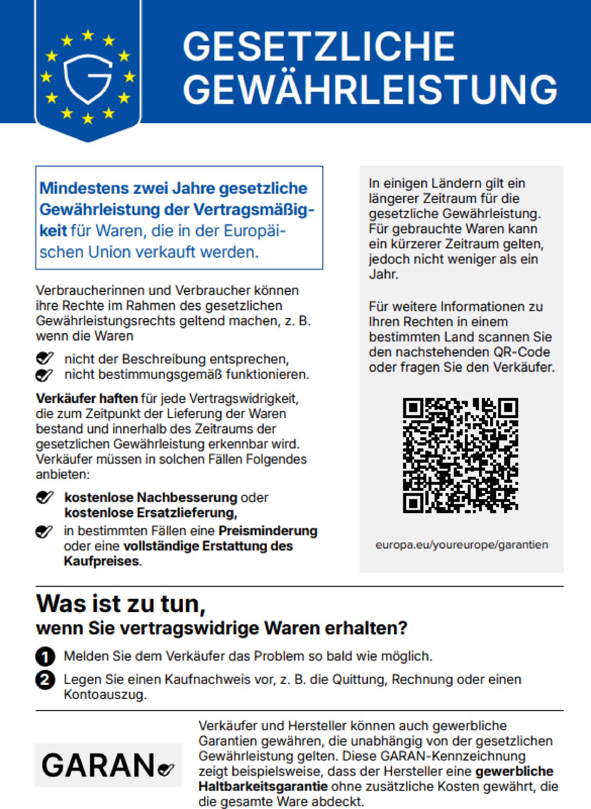 EU-Gewährleistungslabel: gesetzliche Gewährleistung von mindestens 2 Jahren